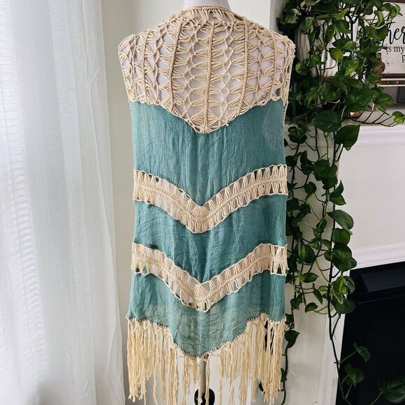 Papaya Blue & Cream Lacy Fringe Boho Hippie Gypsy Cardigan Festival Concert Med - Picture 8 of 11